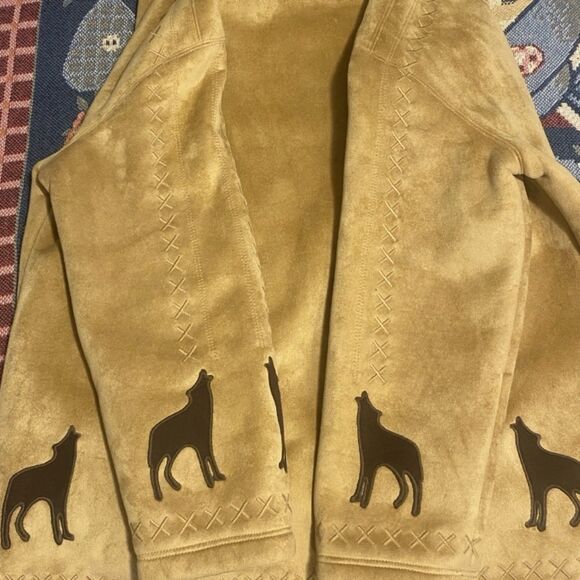 Coldwater Creek Faux Suede Wolf Jacket Sz Petite Small Tan Western Boho Coat - Picture 2 of 4